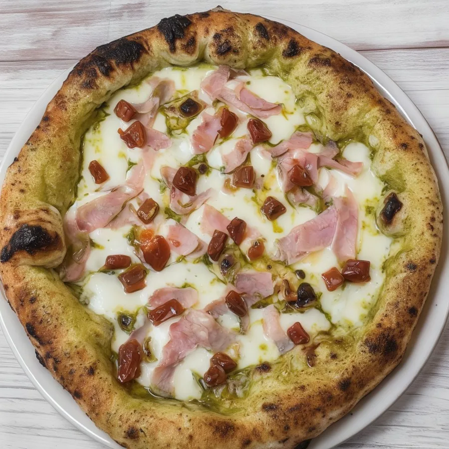 Pizza La Genovese con base de pesto genovese y jamón York